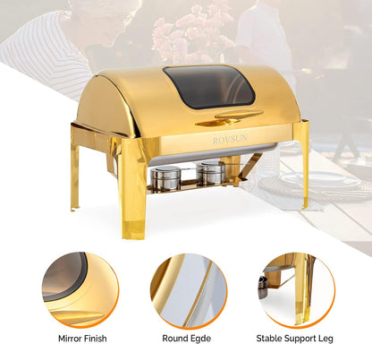 9QT Roll Top Chafing Dish Buffet Set,Rectangular NSF Stainless Steel Buffet Warmer Chafers and Buffet Warmers Sets with Thick Frame for Catering Events Parties Weddings Dinners,Gold