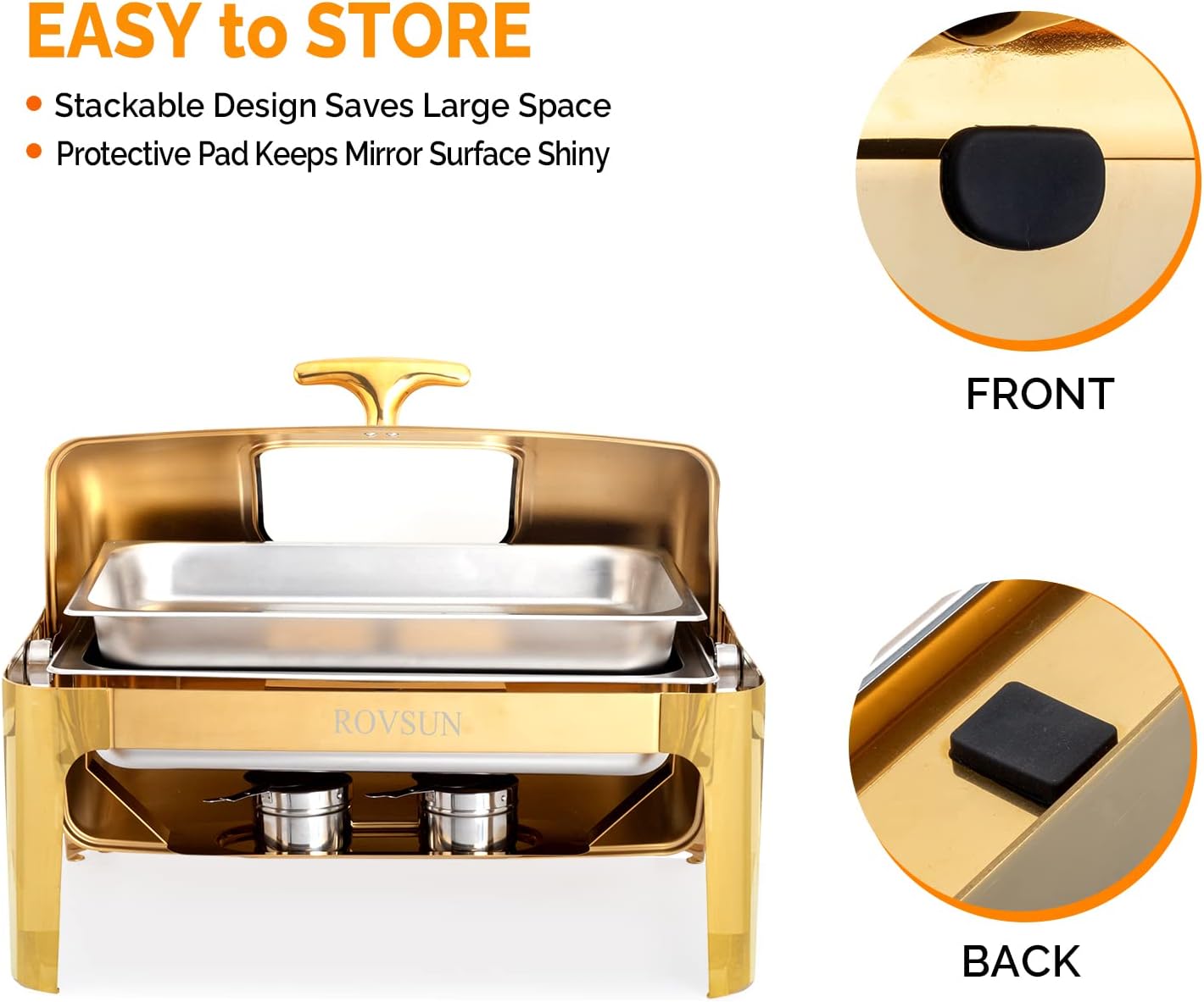 9QT Roll Top Chafing Dish Buffet Set,Rectangular NSF Stainless Steel Buffet Warmer Chafers and Buffet Warmers Sets with Thick Frame for Catering Events Parties Weddings Dinners,Gold