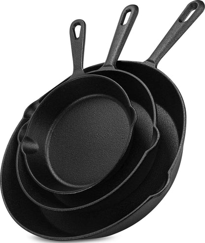 Pre Seasoned Cast Iron Skillet 3 Piece, Cast Iron Grill Pan, Frying Pans, Saute Fry Pan, Cast Iron Set (Black)
