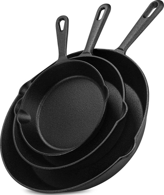 Pre Seasoned Cast Iron Skillet 3 Piece, Cast Iron Grill Pan, Frying Pans, Saute Fry Pan, Cast Iron Set (Black)