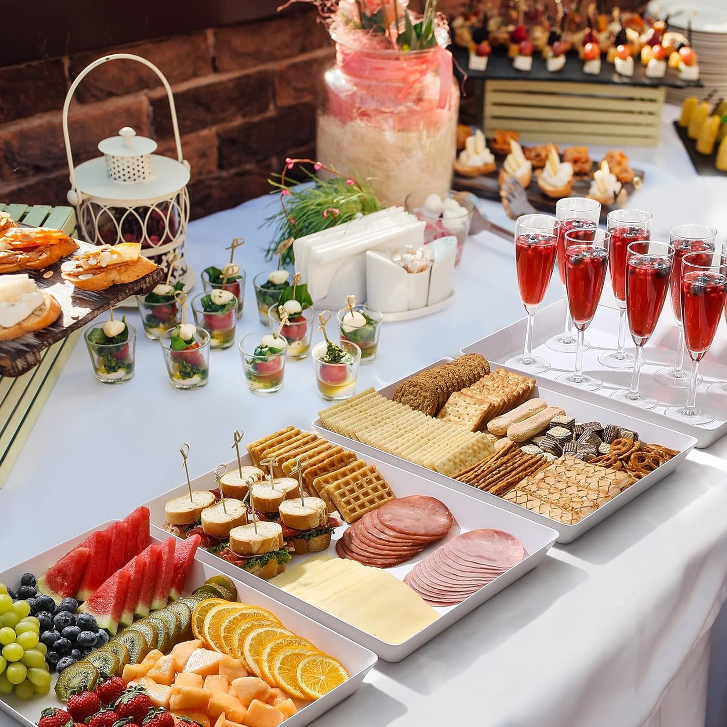 4-Pack 16" X 11" Large White Serving Trays Set - Reusable Plastic Serving Platters for Cookie, Appetizer, Charcuterie, Snack, Dessert, Party Food Display - Stackable Kitchen Countertop Tray, BPA Free