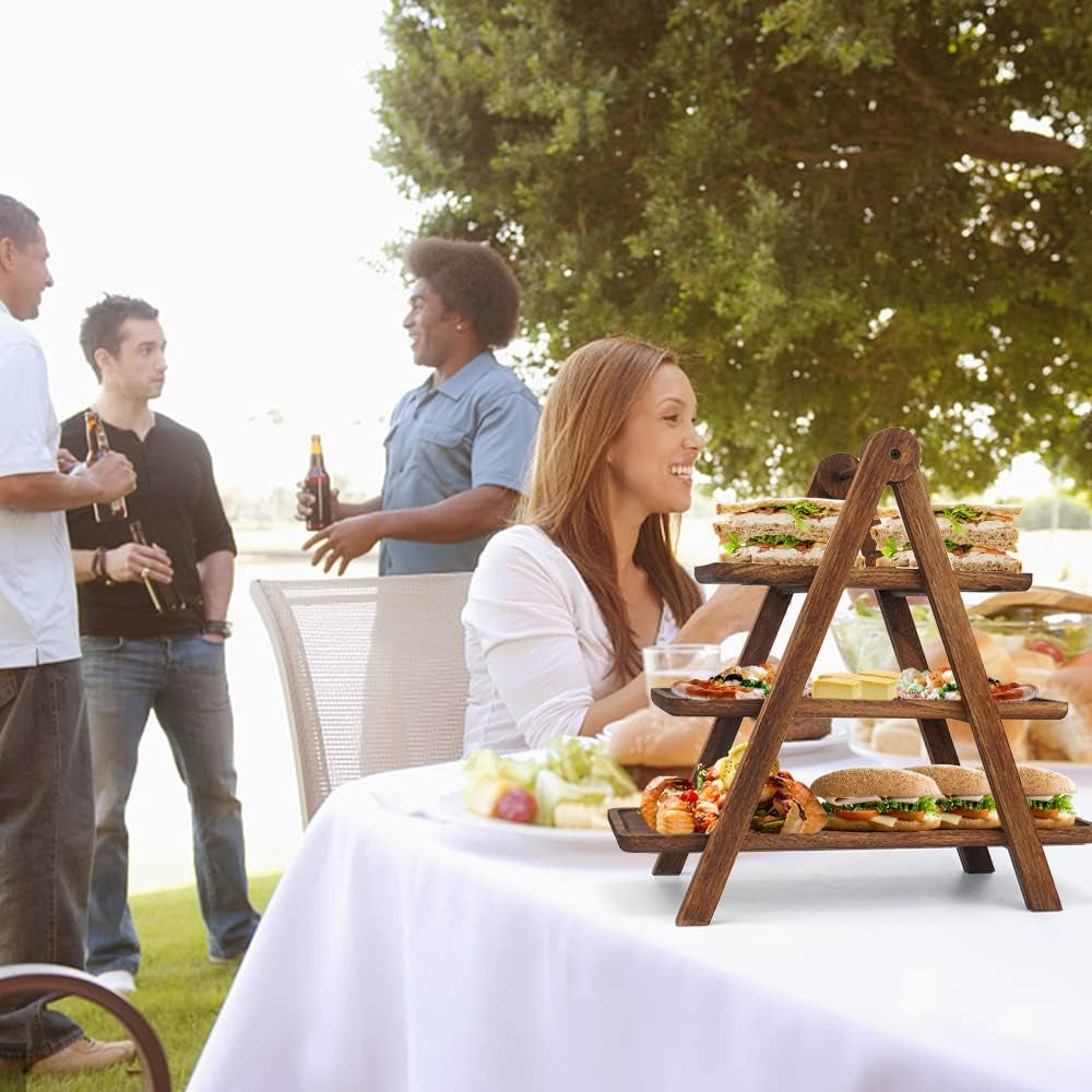 Wood 3 Tier Serving Tray Three Tiered Cupcake Stand, Rectangle Serving Platter Wooden Farmhouse, Party Serving Brown Decorative Tray Decor