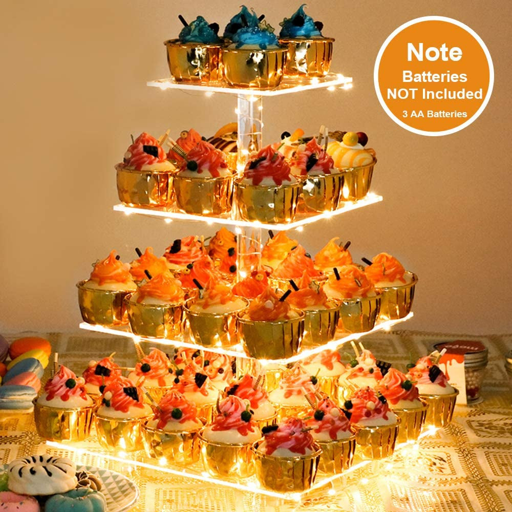 4 Tier Cupcake Stand Acrylic Tower Display with LED Light Premium Holder Dessert Tree Tower for Birthday Cady Bar Décor Weddings, Parties Events (Yellow Light)