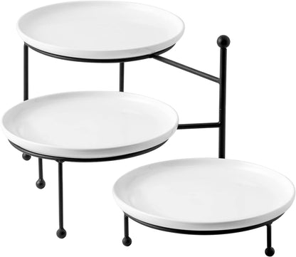 3 Tiered Serving Stand with White Porcelain Plates, Tiered Tray Stand, 10" X 10" Tier Serving Trays with Black Metal Stand for Entertaining, 3 Tier Dessert Stand