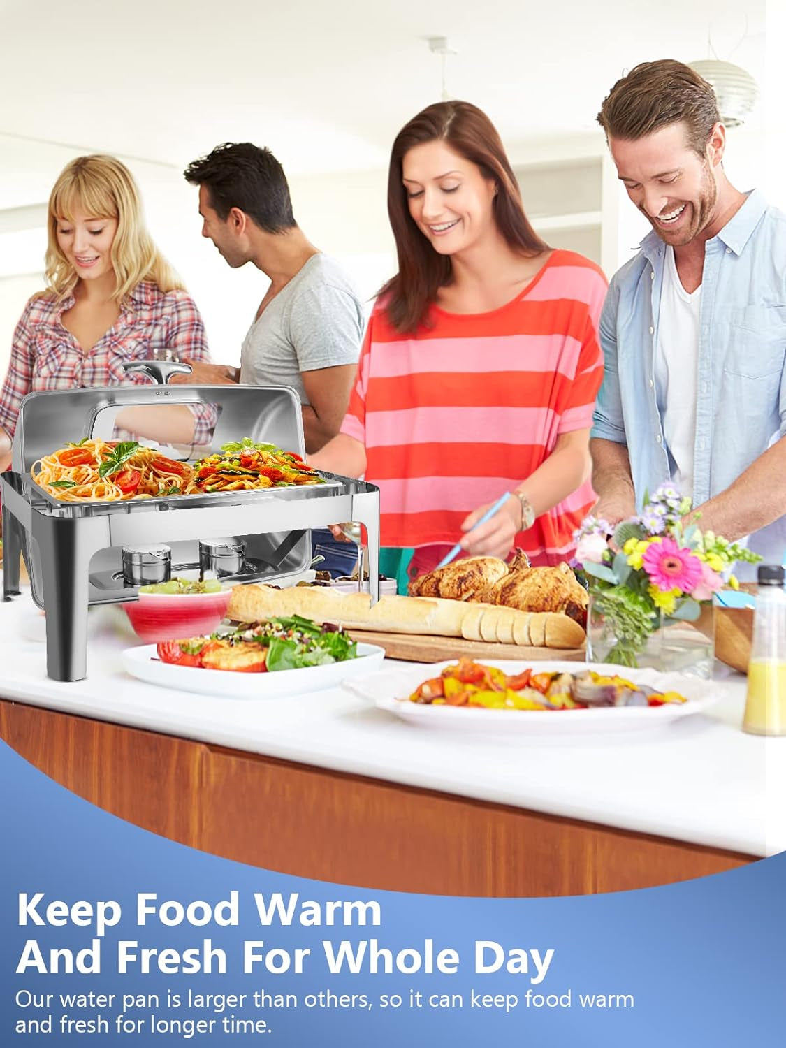 Rectangular Roll Top Chafing Dish Buffet Set, Catering Food Warmer for Parties, Wedding, Birthday, Christmas, 1 Full Size & 2 Half-Size Chafing Server Dish, 14QT Water Pan