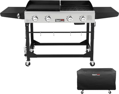 GD401C 4-Burner Gas Grill and Griddle Combo with Cover, 48,000 BTU, Flat Top Propane Grill Griddle Combo with Folding Legs for Outdoor Cooking While Camping or Tailgating, Black & Silver