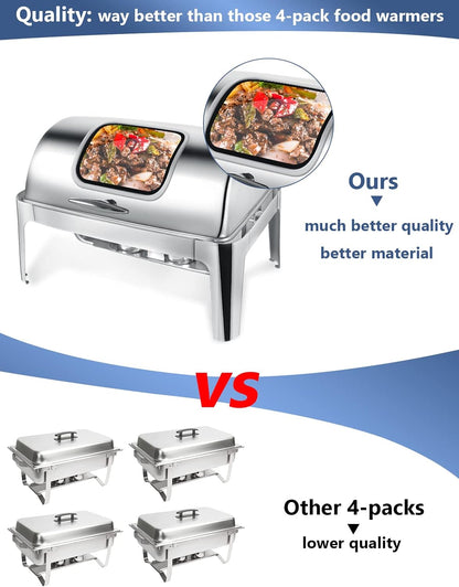 Rectangular Roll Top Chafing Dish Buffet Set, Catering Food Warmer for Parties, Wedding, Birthday, Christmas, 1 Full Size & 2 Half-Size Chafing Server Dish, 14QT Water Pan