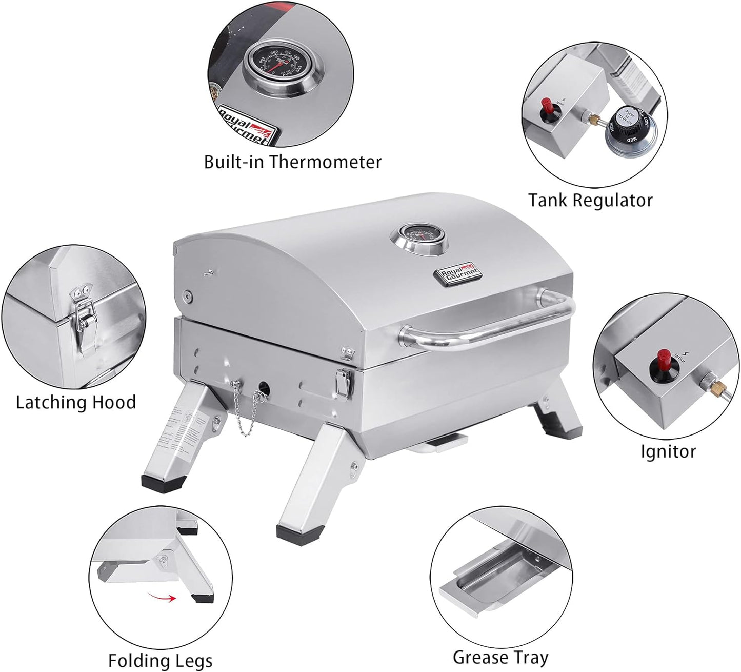 GT1001 Stainless Steel Portable Grill, 10000 BTU BBQ Tabletop Gas Grill with Folding Legs and Lockable Lid, Outdoor Camping, Deck and Tailgating, Silver