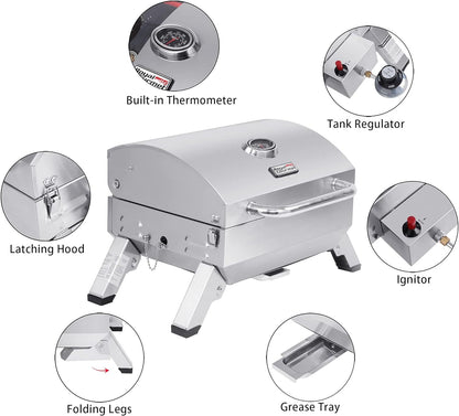 GT1001 Stainless Steel Portable Grill, 10000 BTU BBQ Tabletop Gas Grill with Folding Legs and Lockable Lid, Outdoor Camping, Deck and Tailgating, Silver