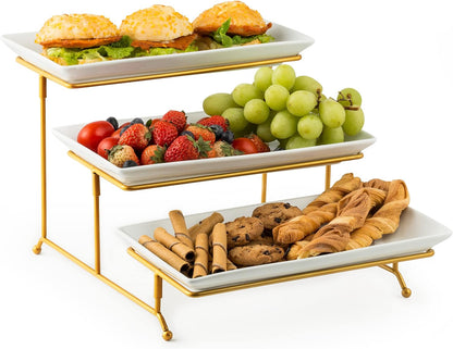 Large 3 Tier Serving Tray with Serving Stand, Serving Dishes for Entertaining, Tiered Serving Tray for Valentines Day, Suitable for Dessert Table Display Set Catering Supplies, 12 Inch Gold
