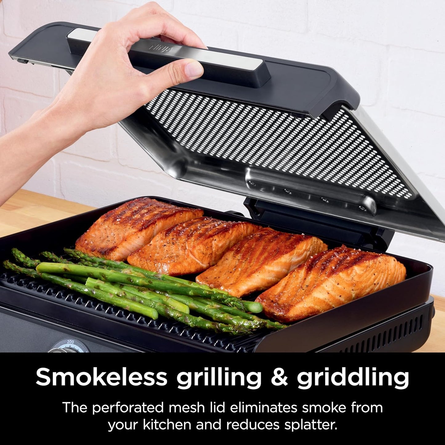 GR101 Sizzle Smokeless Indoor Grill & Griddle, 14'' Interchangeable Nonstick Plates, Dishwasher-Safe Removable Mesh Lid, 500F Max Heat, Even Edge-To-Edge Cooking, Grey/Silver