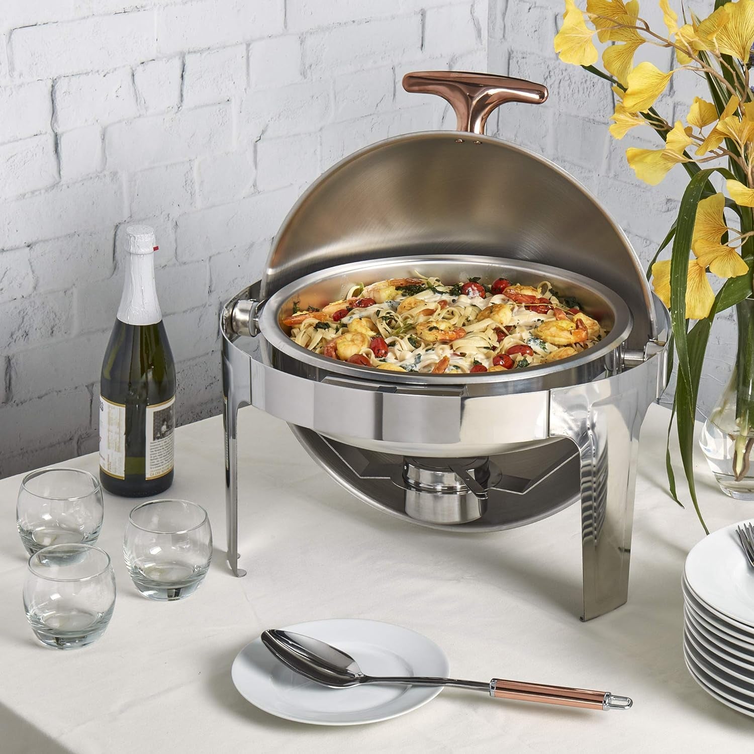 Celebrations Cookware Collection 5 Piece 6.3-Quart Heavy Gauge Stainless Steel round Chafing Dish Set with Roll Top Lid for Entertaining & Catering