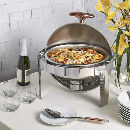 Celebrations Cookware Collection 5 Piece 6.3-Quart Heavy Gauge Stainless Steel round Chafing Dish Set with Roll Top Lid for Entertaining & Catering