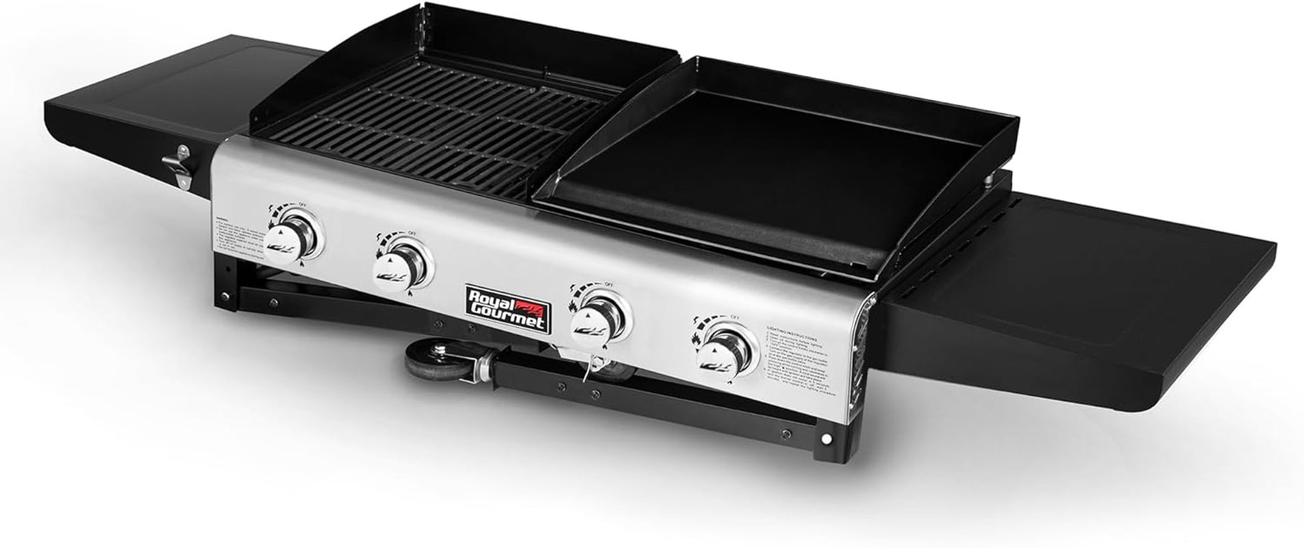 GD401C 4-Burner Gas Grill and Griddle Combo with Cover, 48,000 BTU, Flat Top Propane Grill Griddle Combo with Folding Legs for Outdoor Cooking While Camping or Tailgating, Black & Silver