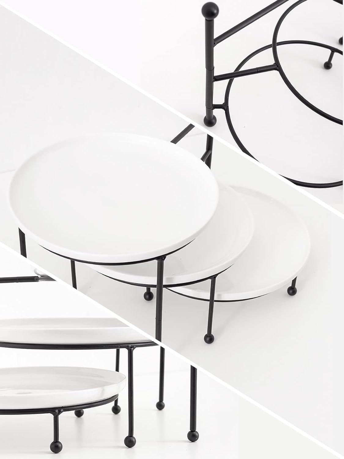 3 Tiered Serving Stand with White Porcelain Plates, Tiered Tray Stand, 10" X 10" Tier Serving Trays with Black Metal Stand for Entertaining, 3 Tier Dessert Stand