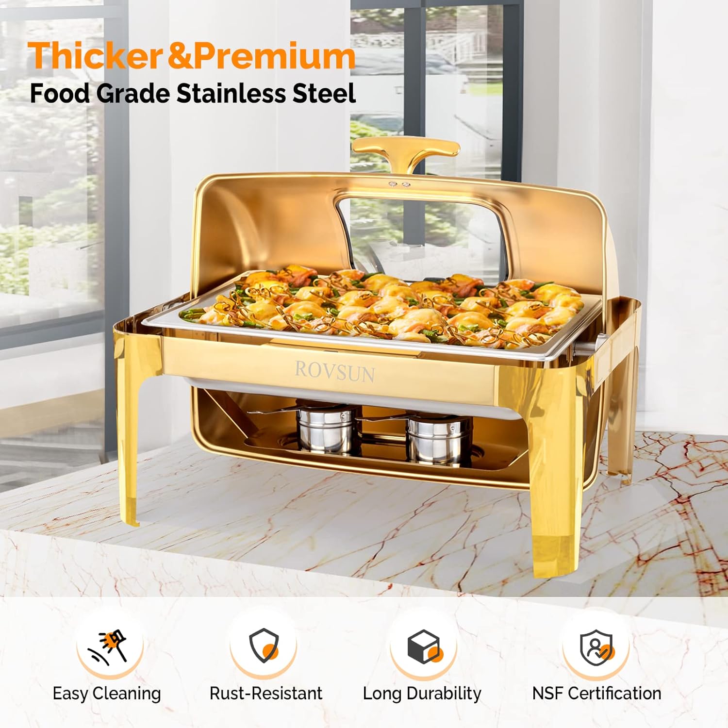 9QT Roll Top Chafing Dish Buffet Set,Rectangular NSF Stainless Steel Buffet Warmer Chafers and Buffet Warmers Sets with Thick Frame for Catering Events Parties Weddings Dinners,Gold