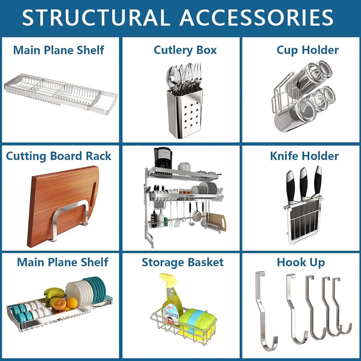 Over Sink Dish Drainer Drying Rack, 3 Tier Adjustable Length (20.87'' to 37.6'') Full Stainless Steel Large Storage Kitchen Dish Rack, Expandable Shelf Rack with Multifunctional Organizers