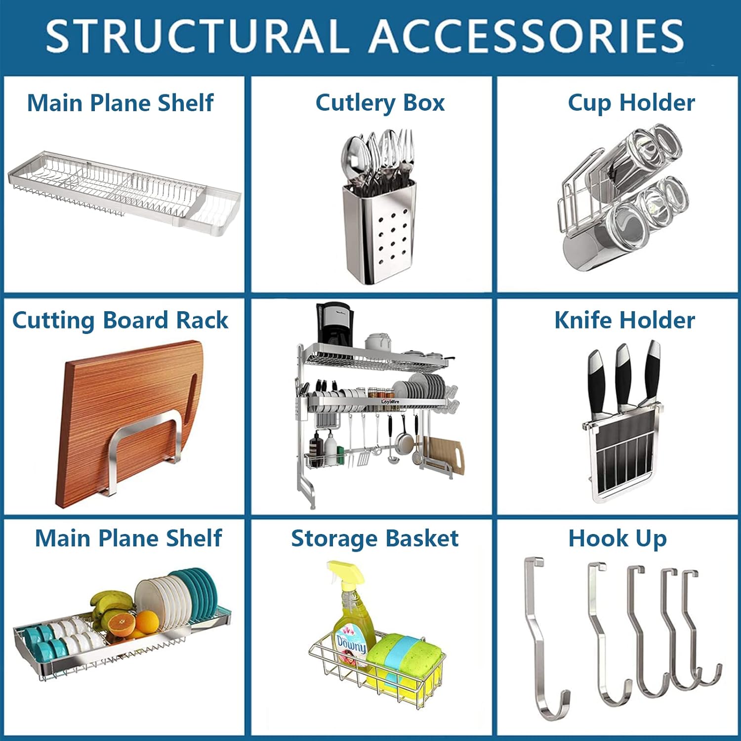 Over Sink Dish Drainer Drying Rack, 3 Tier Adjustable Length (20.87'' to 37.6'') Full Stainless Steel Large Storage Kitchen Dish Rack, Expandable Shelf Rack with Multifunctional Organizers