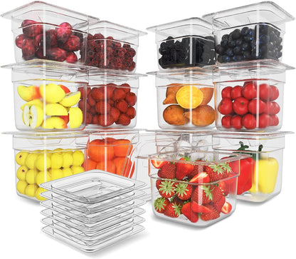 12 Pack Plastic Food Pan with Lid 1/6 Size 6 Inch Deep Restaurant Clear Food Storage Containers Polycarbonate Commercial Hotel Pans for Fruits Vegetables Beans Corns (12 PCS, 6'' Deep)