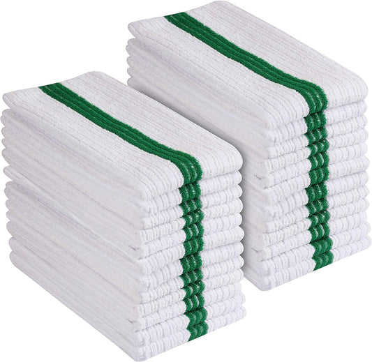 Premium 24 Pack White with Green Stripe Bar Mop Microfiber Towels for Home, Kitchen, Restaurant Cleaning (White/Green Stripe, 14Inx18In)