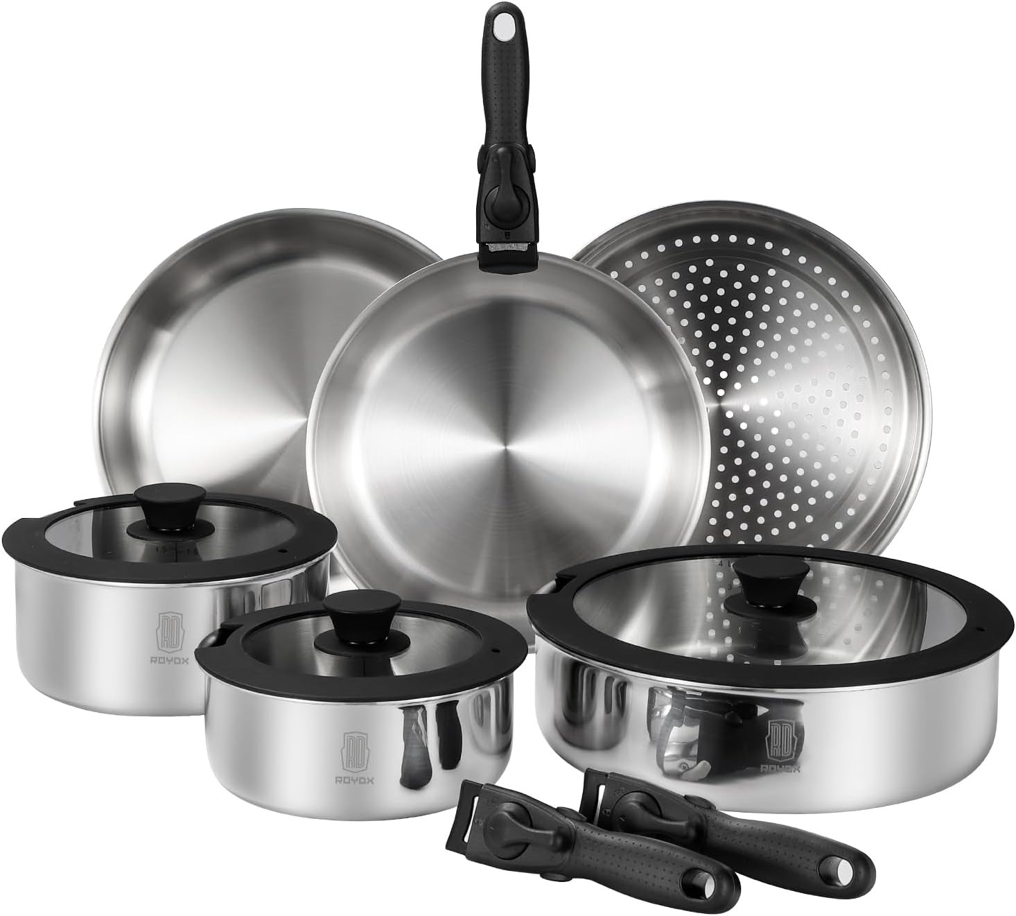 ROYDX Pots and Pans Set, 20 Piece Stainless Steel Kitchen Removable Handle Cookware Set, Frying Saucepans with Lid, Stay-Cool Handles for All Stoves, Dishwasher and Oven Safe, Camping