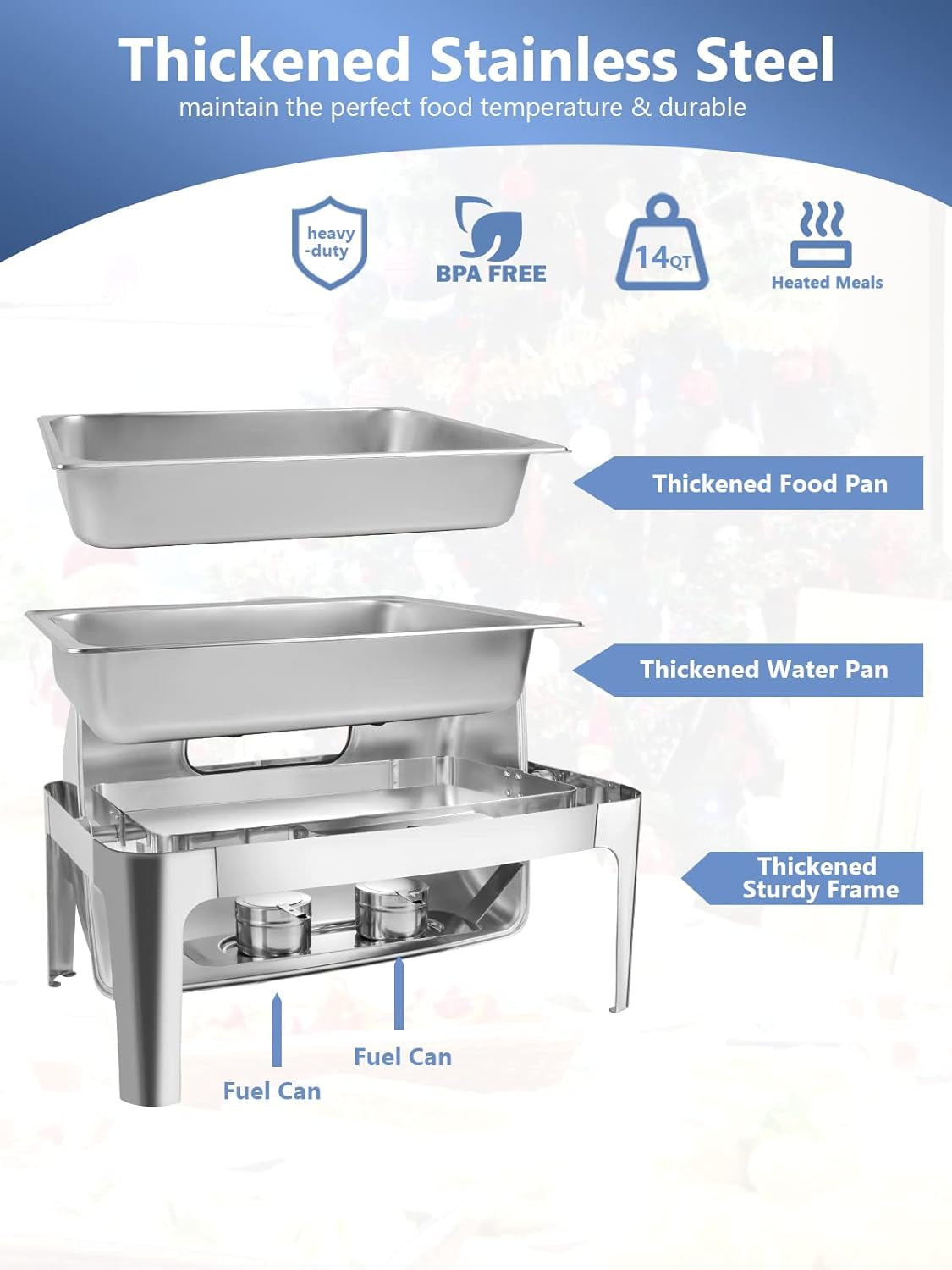 Rectangular Roll Top Chafing Dish Buffet Set, Catering Food Warmer for Parties, Wedding, Birthday, Christmas, 1 Full Size & 2 Half-Size Chafing Server Dish, 14QT Water Pan