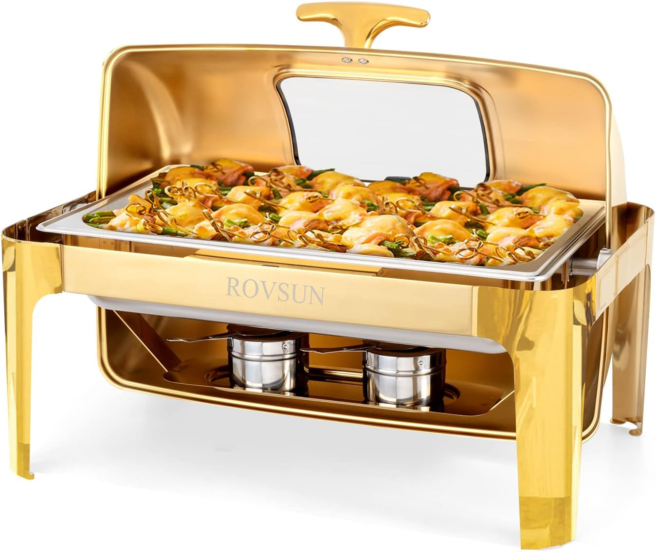 9QT Roll Top Chafing Dish Buffet Set,Rectangular NSF Stainless Steel Buffet Warmer Chafers and Buffet Warmers Sets with Thick Frame for Catering Events Parties Weddings Dinners,Gold