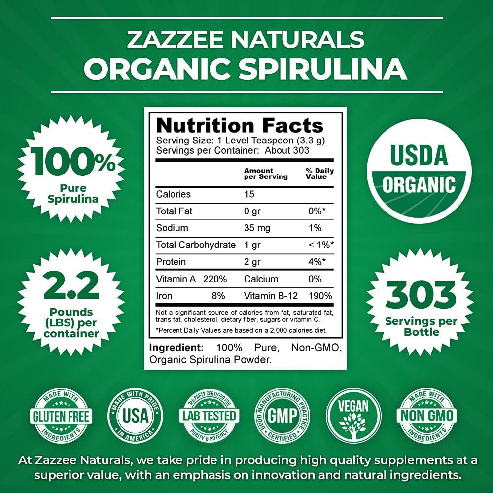 USDA Certified Organic Spirulina Powder, 2.2 Pounds (1 KG), 303 Servings, 100% Pure, Non-Irradiated, Mess-Free Wide Mouth Container, Fresh Smell and Neutral Taste, Vegan, Non-Gmo, Gluten-Free