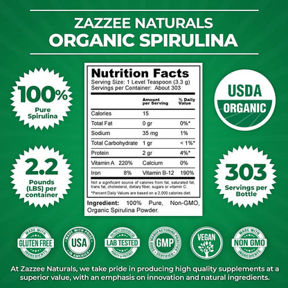 USDA Certified Organic Spirulina Powder, 2.2 Pounds (1 KG), 303 Servings, 100% Pure, Non-Irradiated, Mess-Free Wide Mouth Container, Fresh Smell and Neutral Taste, Vegan, Non-Gmo, Gluten-Free