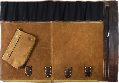 Leather Knife Roll Storage Bag, Elastic and Expandable 10 Pockets, Adjustable/Detachable Shoulder Strap, Travel-Friendly Chef Knife Case (Dark Brown, Leather)
