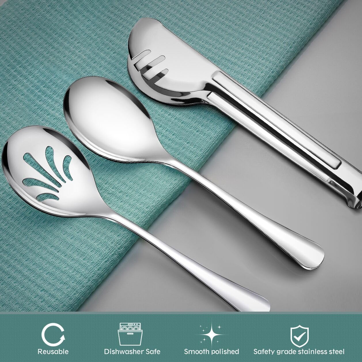 Stainless Steel Metal Serving Utensils - Large Set of 9-10" Serving Spoons, 10" Slotted Spoons, and 9" Serving Tongs by  (Silver)