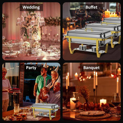 Chafing Dish Buffet Set 4 Pack, 8QT High Grade Chafing Dishes for Buffet, Chafers and Buffet Warmers Sets for Birthday, Wedding, Rolled-Edge Design with Gold and Silver