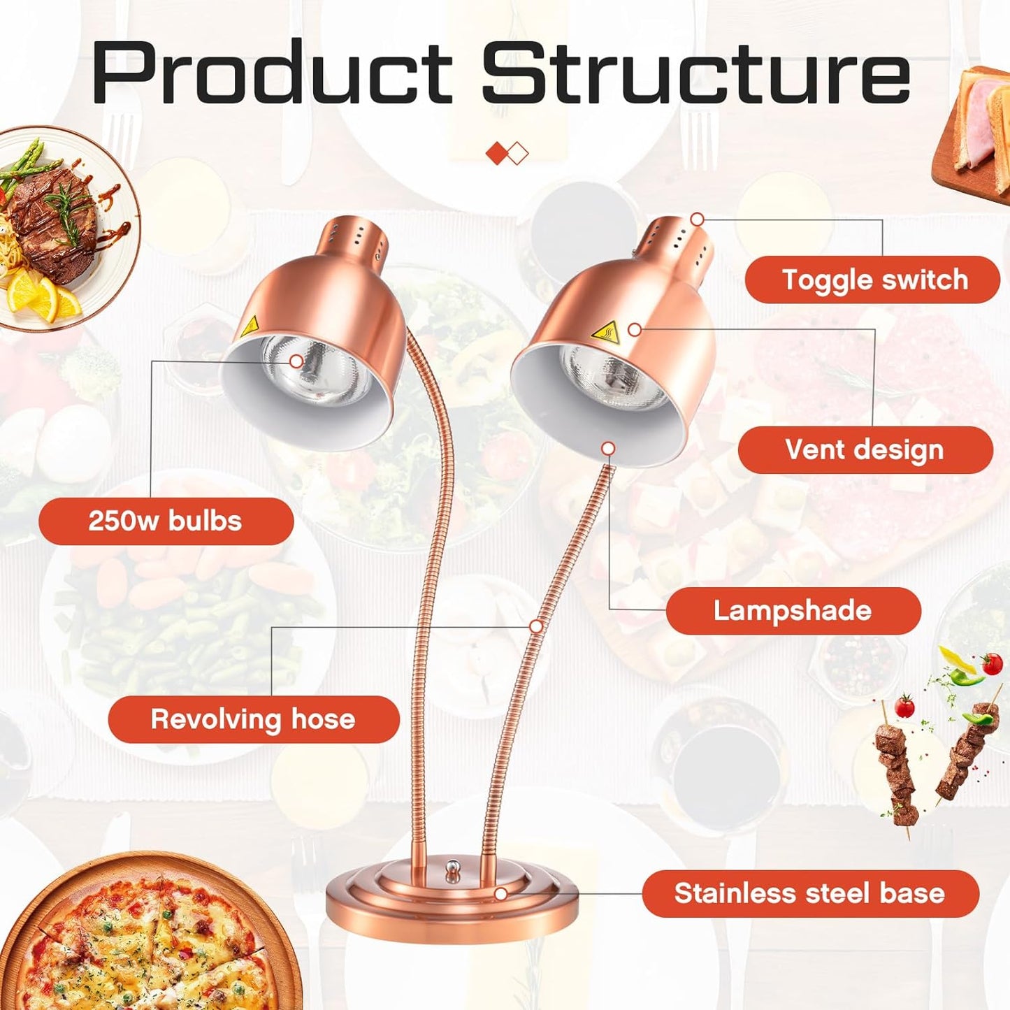 1 Pcs Food Heat Lamp Food Heat Preservation Lamp Commercial Food Warmer Light Portable Catering Heat Lamp for Restaurant Kitchen Food Heating Home Use Service Buffet, Dual Head, 250W Bulb