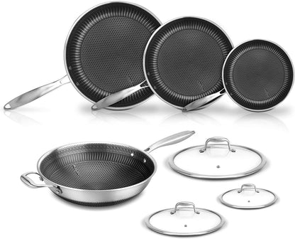 7-Piece Triply Stainless Steel Cookware Set - Non-Stick Honeycomb Fire Textured Pattern Frying Pans and Wok with Lids, Oven & Dishwasher Safe, Suitable for All Cooktops