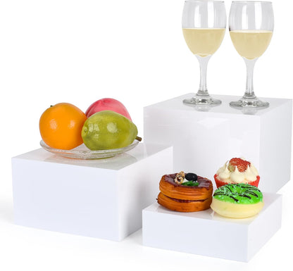 Display Risers, Buffer Risers and Cake Stand, Acrylic Display Stands for Catering Supplies Buffet Display, Dessert Table Display Set for Vendor Events, Set of 3 Glossy White