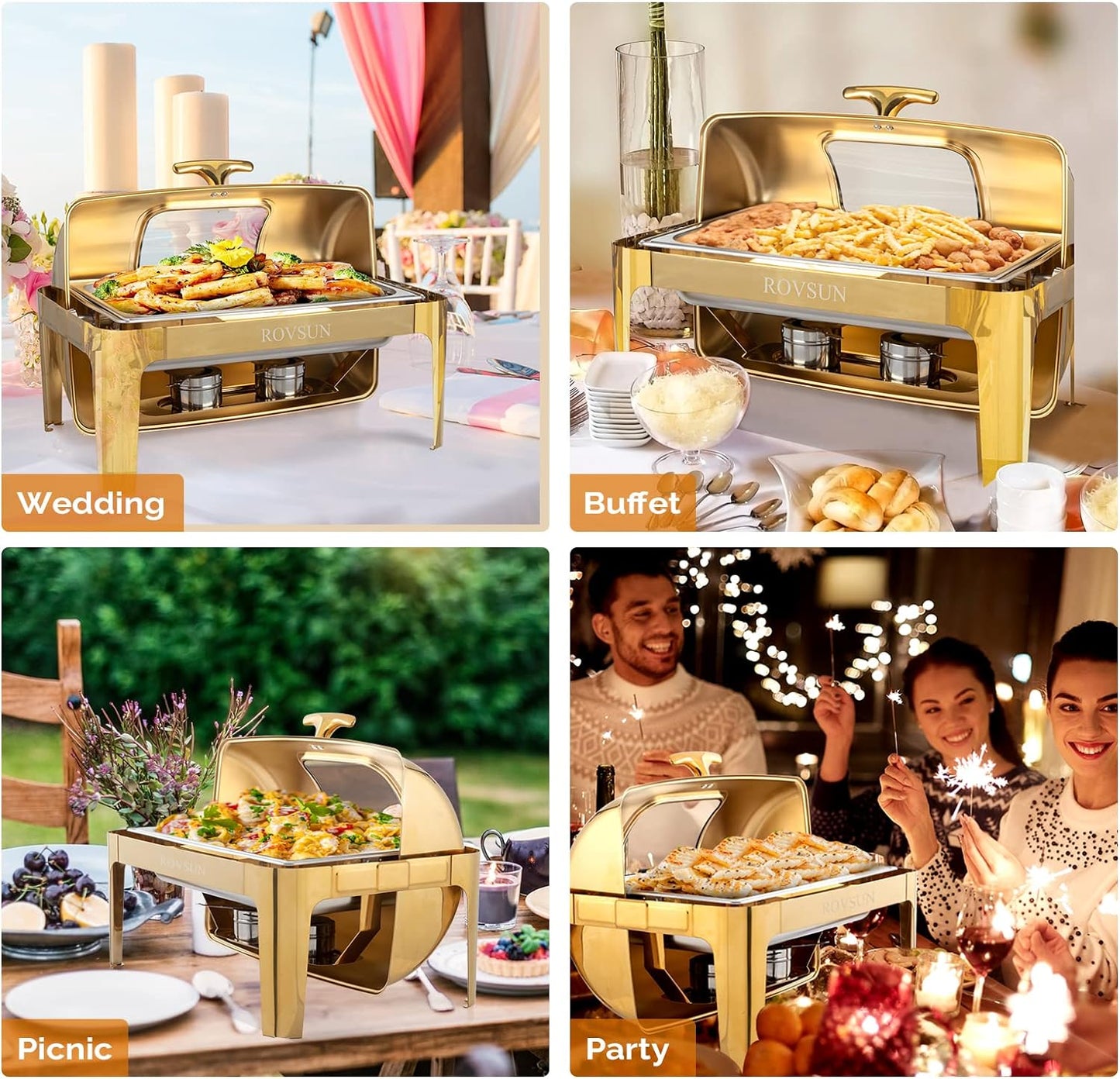 9QT Roll Top Chafing Dish Buffet Set,Rectangular NSF Stainless Steel Buffet Warmer Chafers and Buffet Warmers Sets with Thick Frame for Catering Events Parties Weddings Dinners,Gold