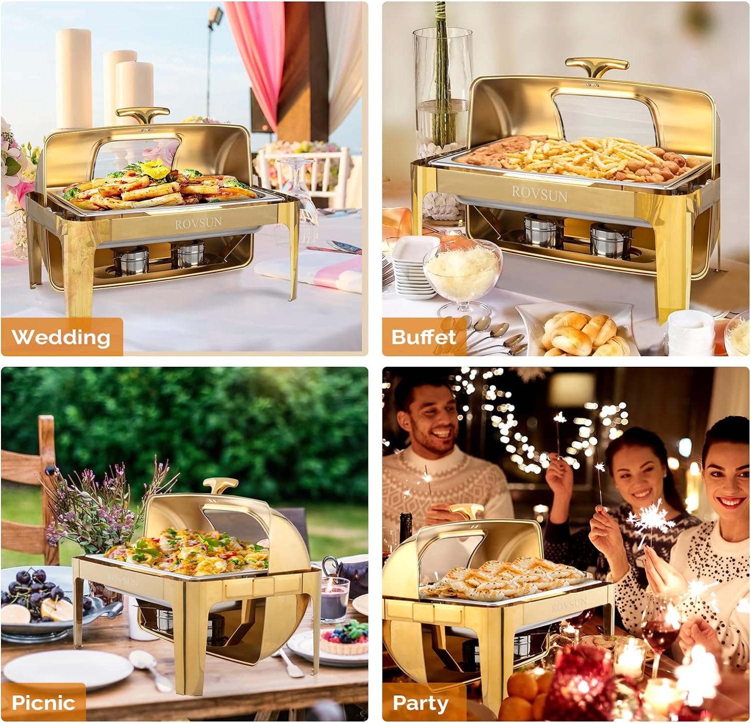 9QT Roll Top Chafing Dish Buffet Set,Rectangular NSF Stainless Steel Buffet Warmer Chafers and Buffet Warmers Sets with Thick Frame for Catering Events Parties Weddings Dinners,Gold