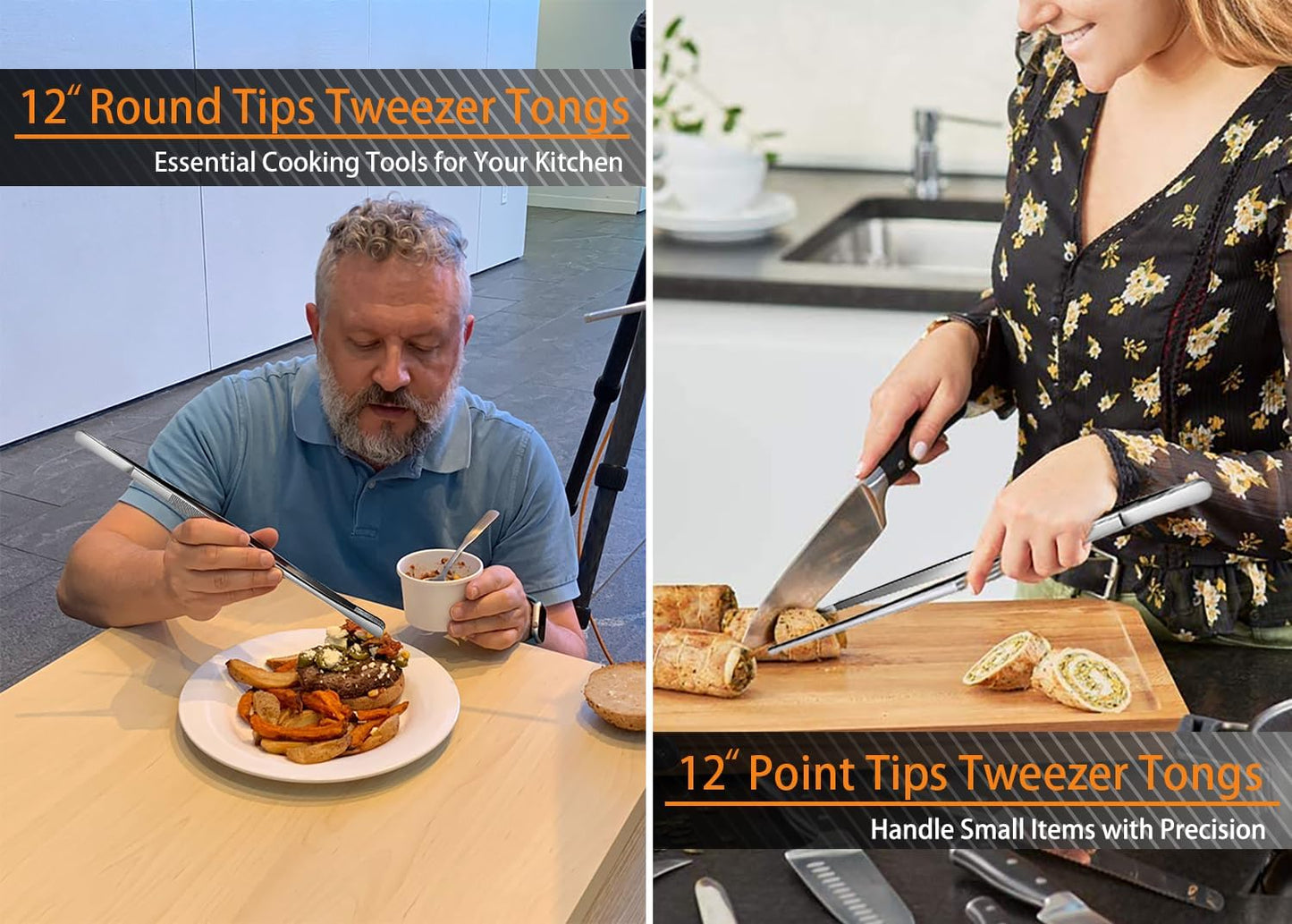 6 Pcs Cooking Tweezer Tongs, 12'' and 6.3" Stainless Steel Kitchen Tweezer Set, Professional Chef Tweezers for Cooking, Repairing, Sea Food, BBQ, Multi-Use