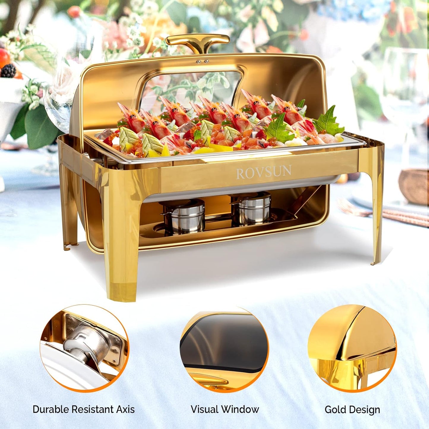 9QT Roll Top Chafing Dish Buffet Set,Rectangular NSF Stainless Steel Buffet Warmer Chafers and Buffet Warmers Sets with Thick Frame for Catering Events Parties Weddings Dinners,Gold
