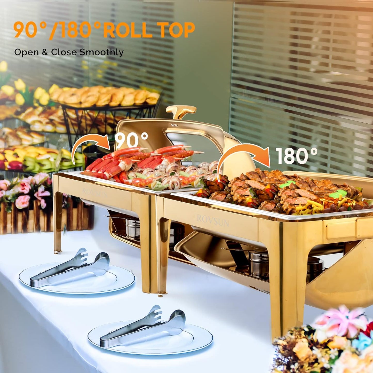 9QT Roll Top Chafing Dish Buffet Set,Rectangular NSF Stainless Steel Buffet Warmer Chafers and Buffet Warmers Sets with Thick Frame for Catering Events Parties Weddings Dinners,Gold