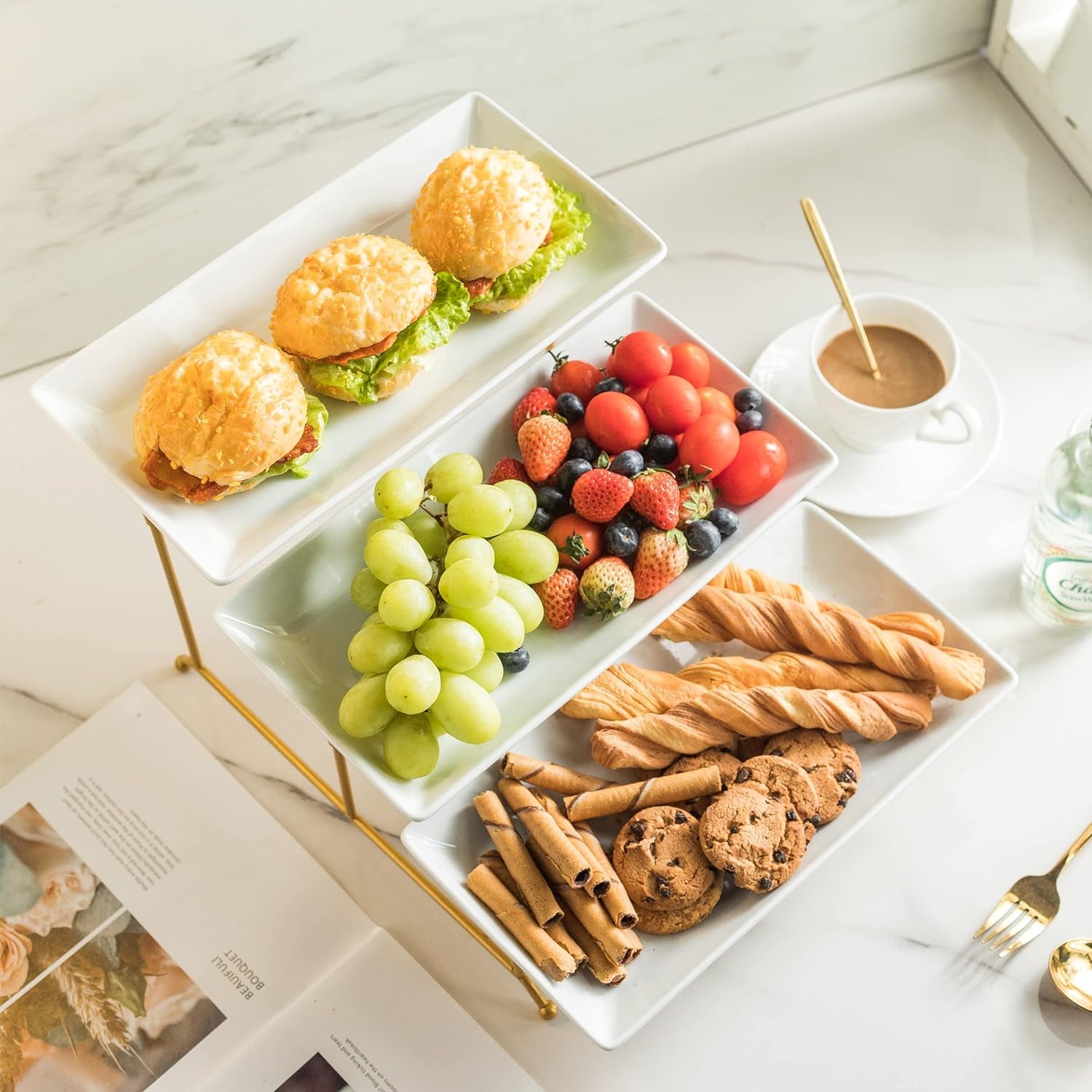 Large 3 Tier Serving Tray with Serving Stand, Serving Dishes for Entertaining, Tiered Serving Tray for Valentines Day, Suitable for Dessert Table Display Set Catering Supplies, 12 Inch Gold