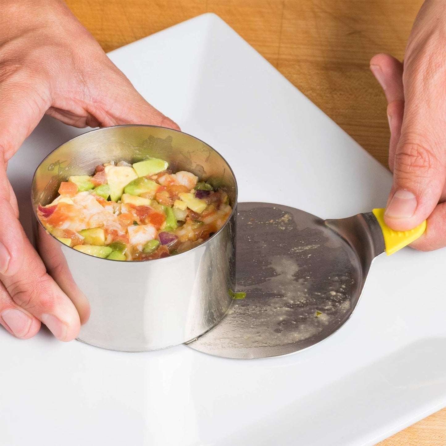 round Food Molding Set, 3.5 by 2.1-Inches High, 4-Piece Set Includes 2 Rings, Fitted Press & Transfer Plate