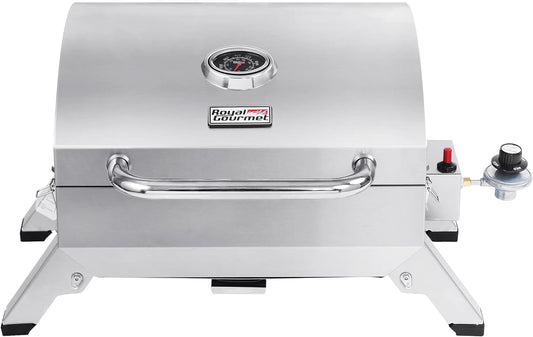 GT1001 Stainless Steel Portable Grill, 10000 BTU BBQ Tabletop Gas Grill with Folding Legs and Lockable Lid, Outdoor Camping, Deck and Tailgating, Silver