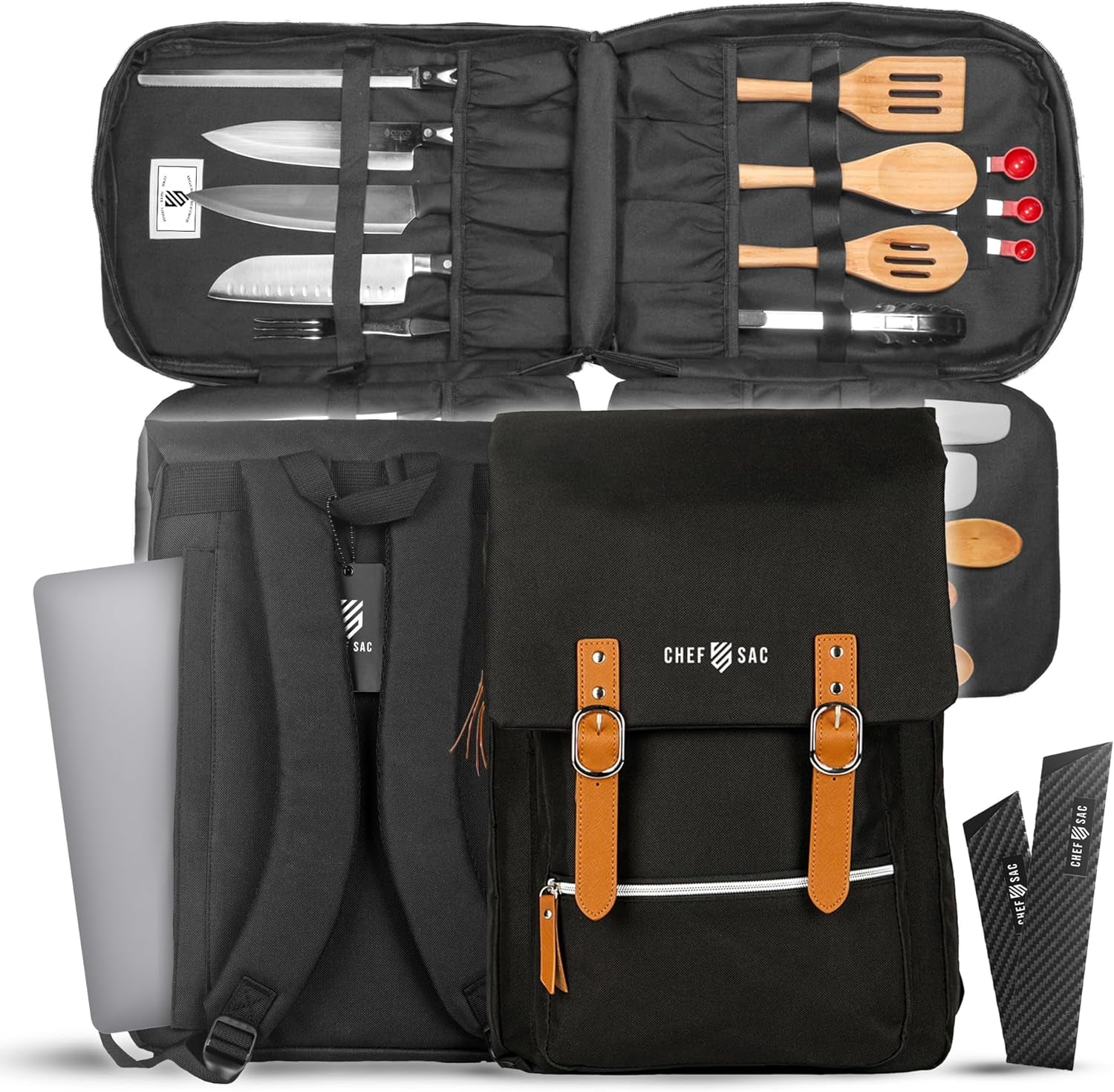 Chef Knife Bag Vintage Backpack | 30+ Pockets for Knives and Chef Tools | Knife Carrying Case with Hidden Back Pocket for Tablet | Sturdy Knife Bag for Chefs & Culinary Students (Black)