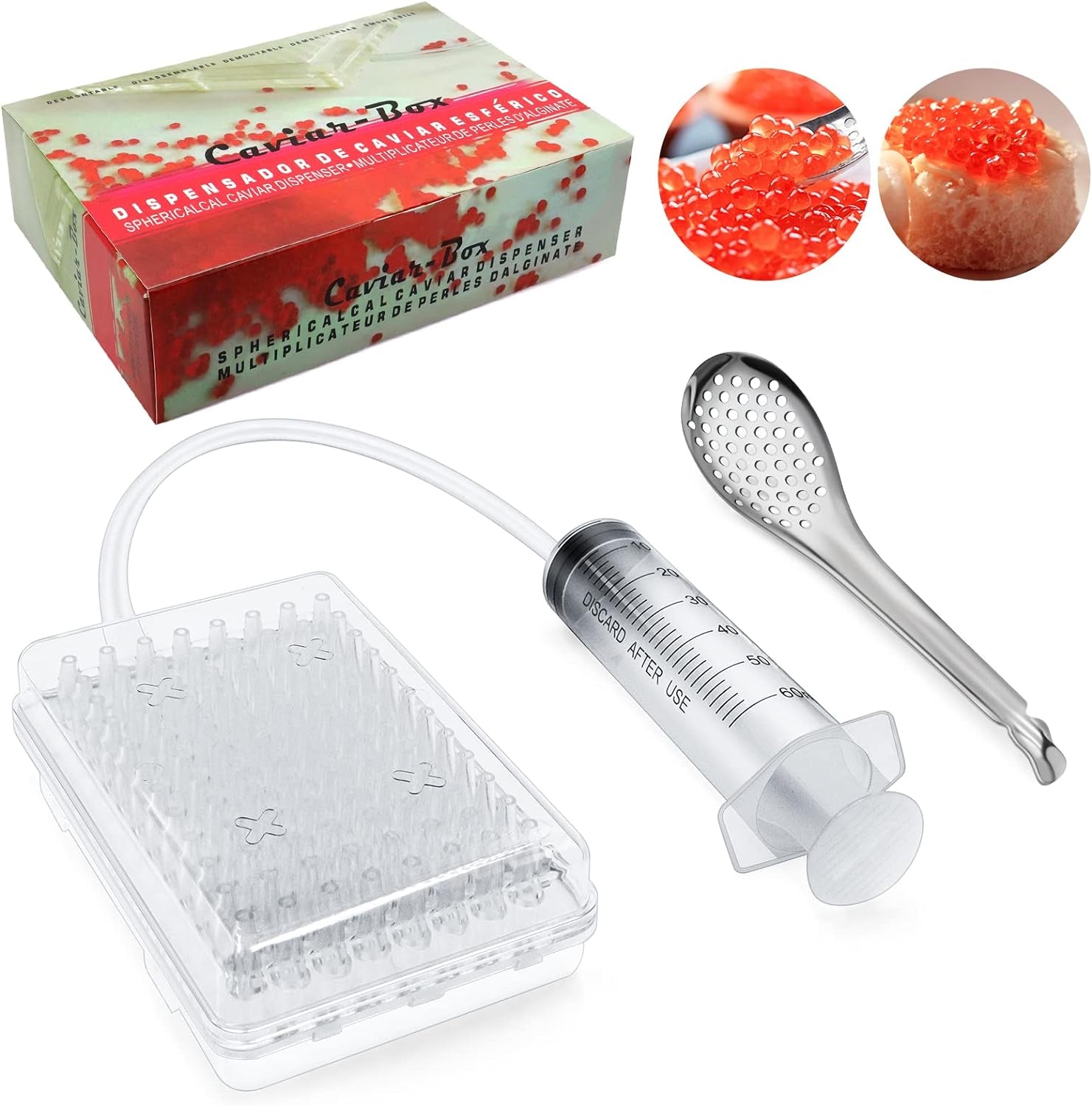 Caviar Maker Box, Spherification Dropper, Spherical Caviar Dispenser Rapid Popping Boba Molecular Gastronomy Kit with Caviar Spoons, Suction Tray & Syringe (Caviarmakerbox)