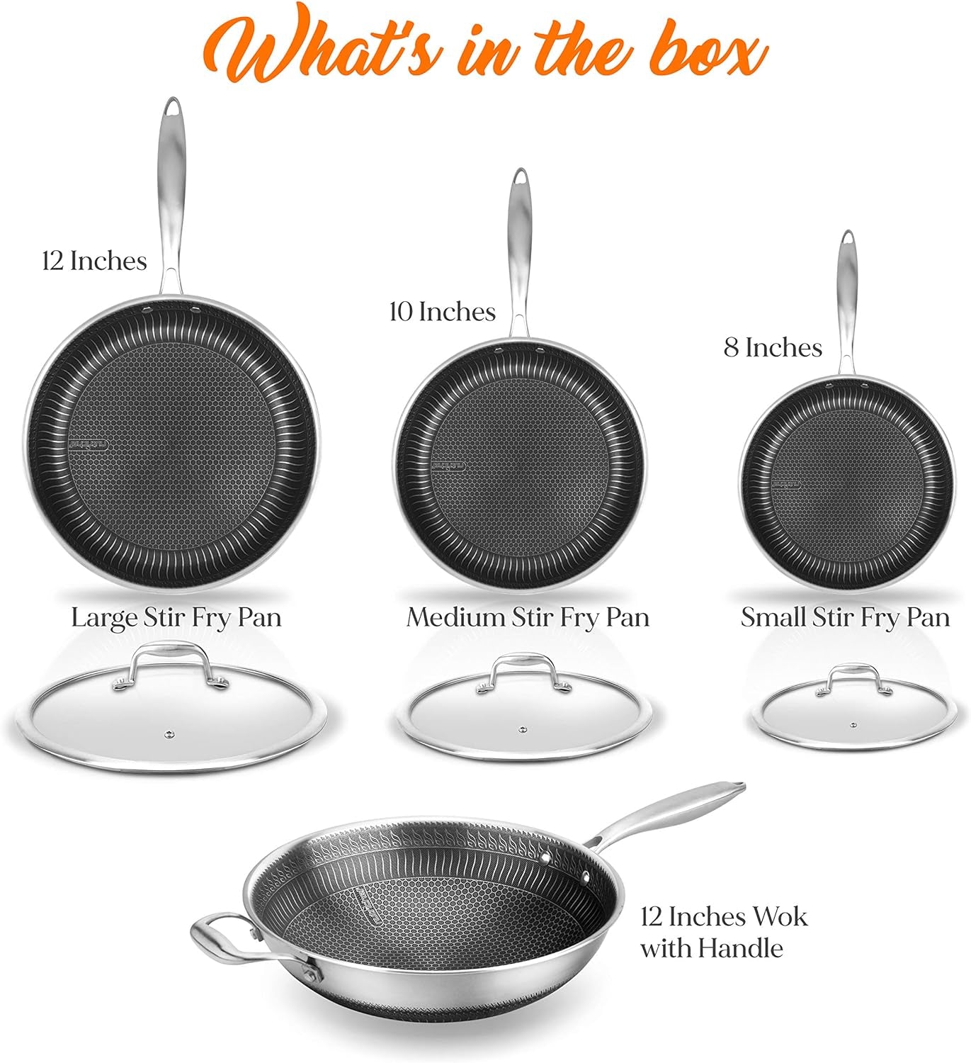 7-Piece Triply Stainless Steel Cookware Set - Non-Stick Honeycomb Fire Textured Pattern Frying Pans and Wok with Lids, Oven & Dishwasher Safe, Suitable for All Cooktops