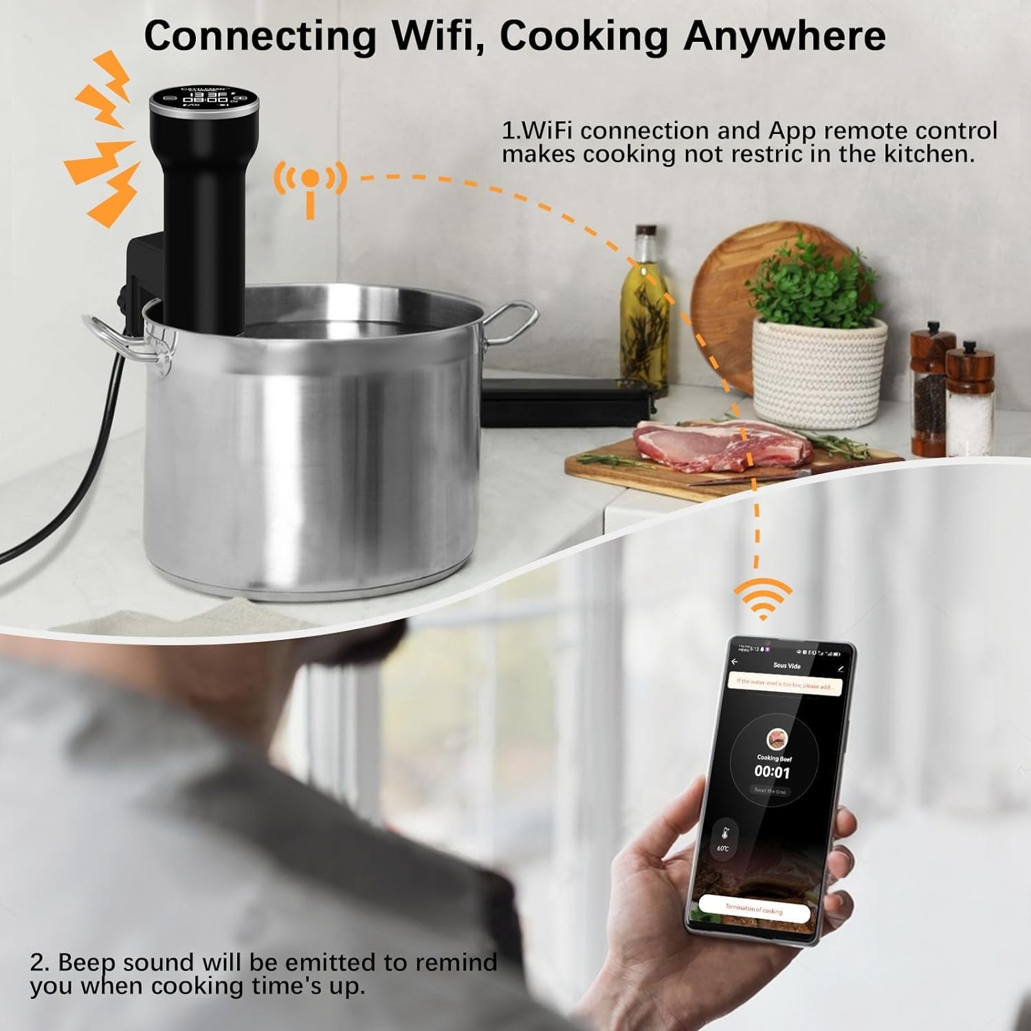Sous Vide Machine Wi-Fi, Immersion Circulator Precise Cooker, Sous Vide Kit with 30 Vacuum Seal Bags, Vacuum Pump, Cookbook, Accurate Temperature & Timer, 1000W, IPX7 Waterproof,