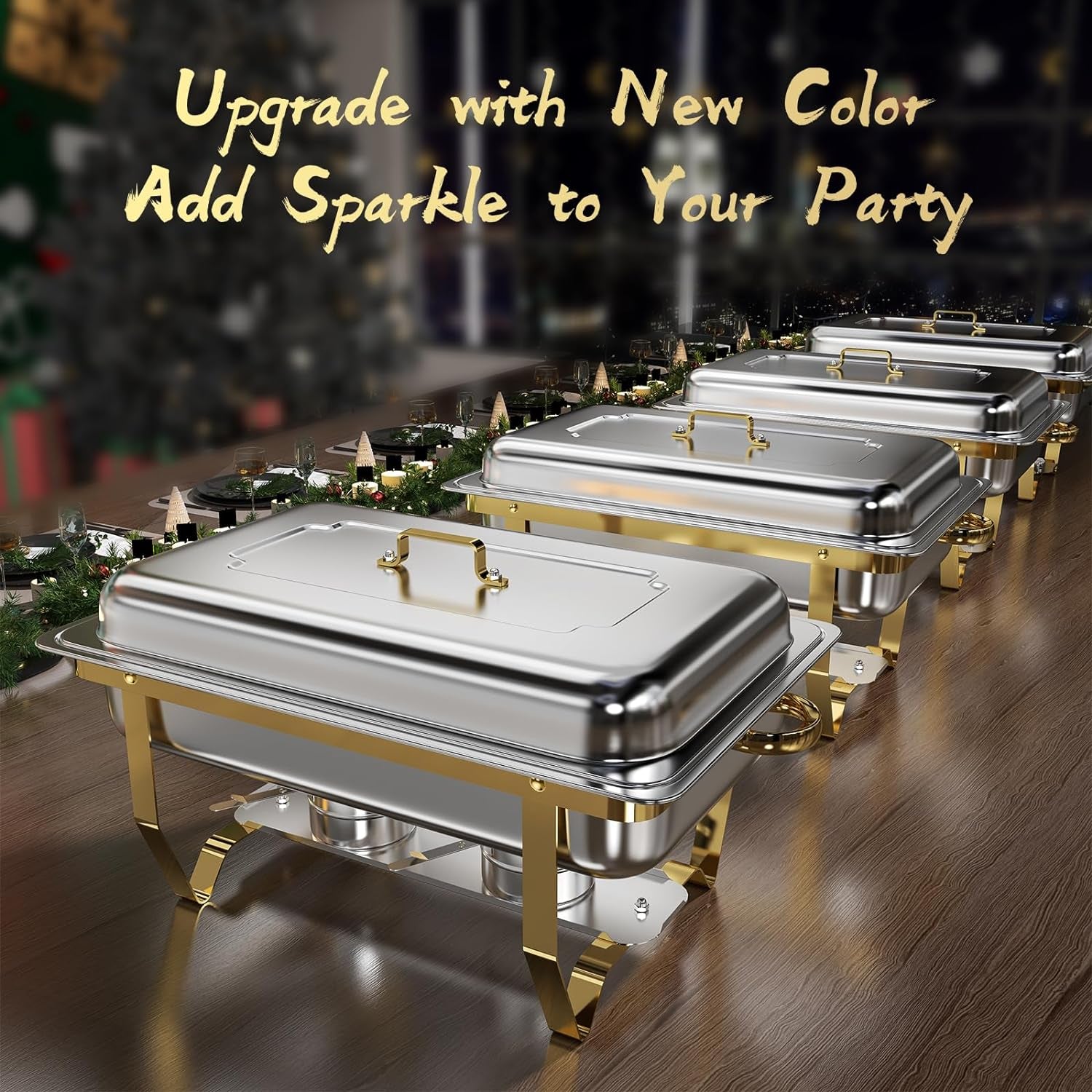 Chafing Dish Buffet Set 4 Pack, 8QT High Grade Chafing Dishes for Buffet, Chafers and Buffet Warmers Sets for Birthday, Wedding, Rolled-Edge Design with Gold and Silver