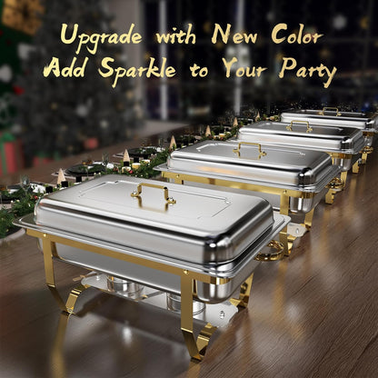 Chafing Dish Buffet Set 4 Pack, 8QT High Grade Chafing Dishes for Buffet, Chafers and Buffet Warmers Sets for Birthday, Wedding, Rolled-Edge Design with Gold and Silver