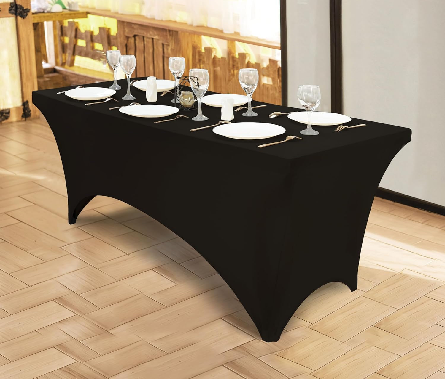 Spandex Tablecloth 1 Pack [6FT, Black] 200 GSM Tight, Fitted, Washable and Wrinkle Resistant Stretch Rectangular Patio Table Cover for Event, Wedding & Banquet [72Lx30Wx30H Inch]